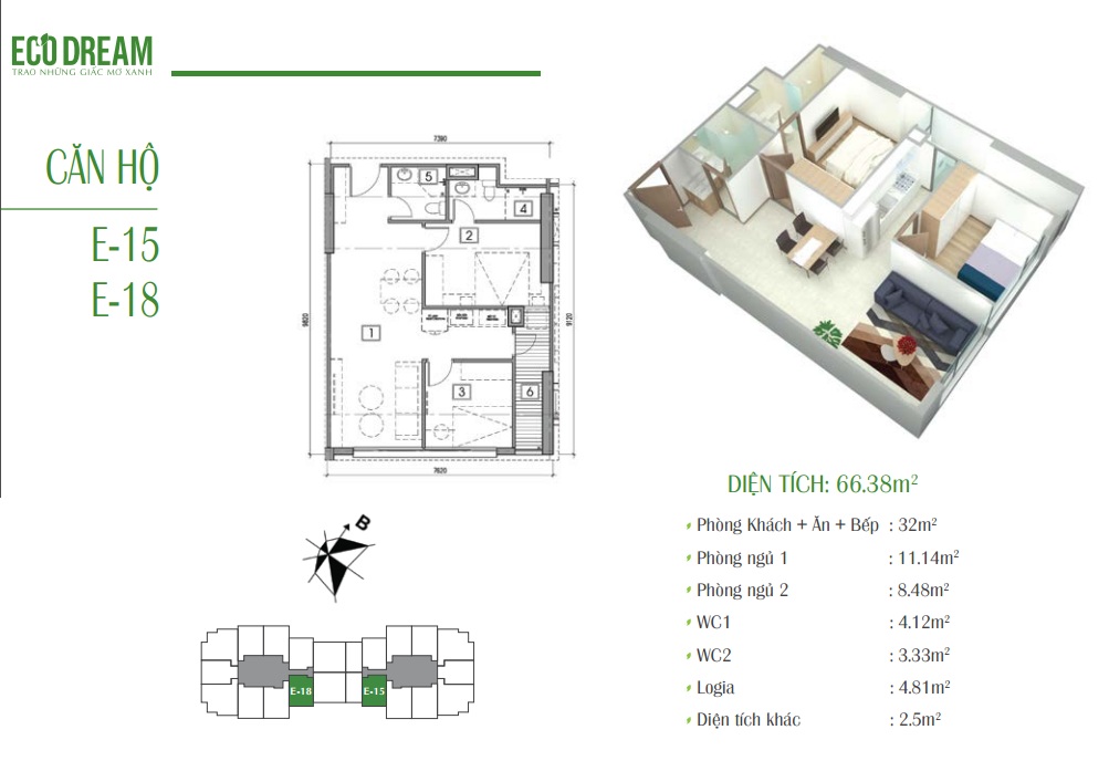 Căn E căn 15 và 18 DT 66m2 chung cư Eco Dream