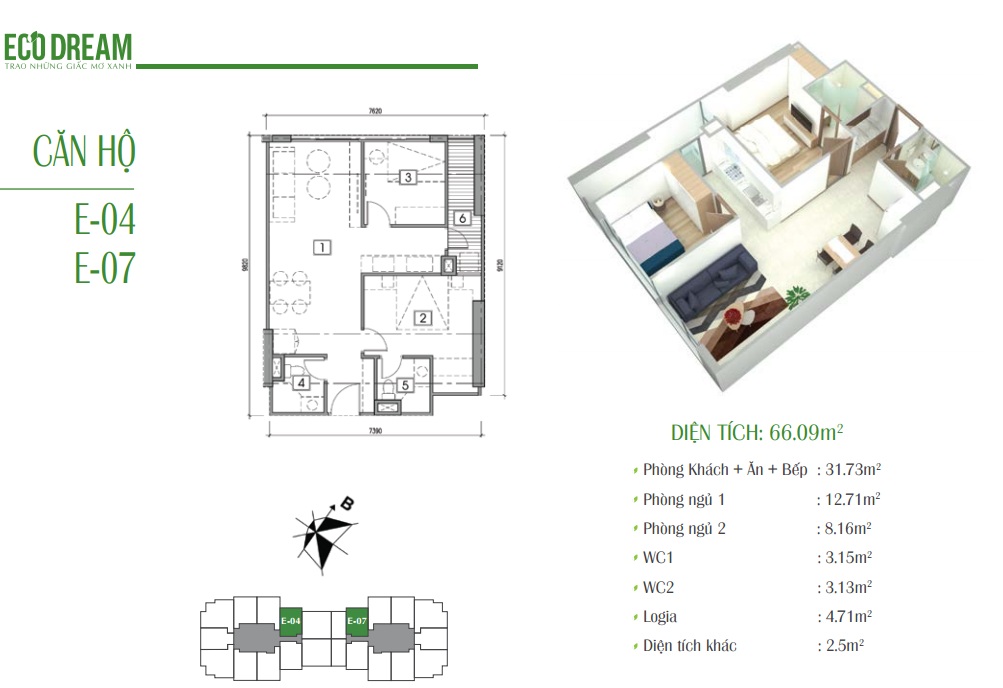 Căn E căn 4 và 7 DT 66m2 chung cư Eco DreamCăn E căn 4 và 7 DT 66m2 chung cư Eco Dream