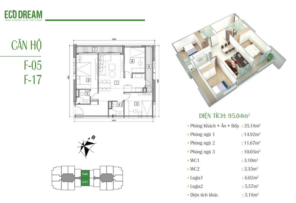 Căn F DT 95m2 chung cư Eco Dream
