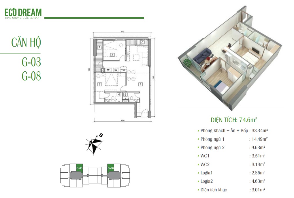 Căn G DT 74m2 chung cư Eco Dream