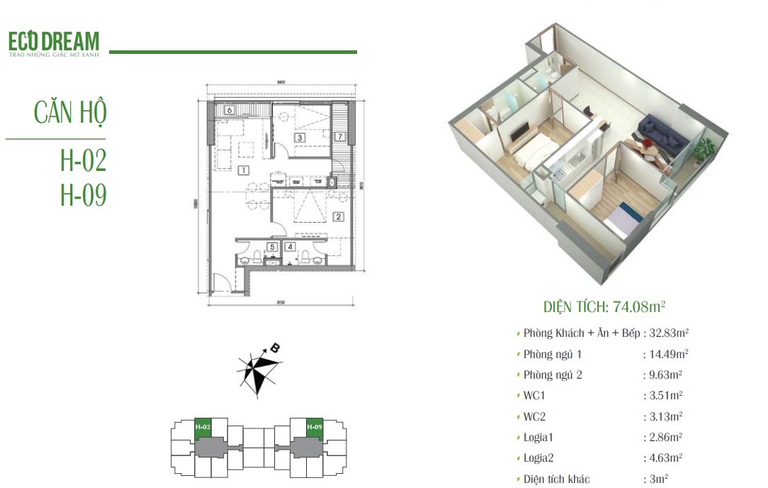 Căn H DT 74m2 chung cư Eco Dream