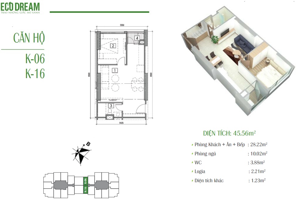 Căn K DT 45m2 chung cư Eco Dream