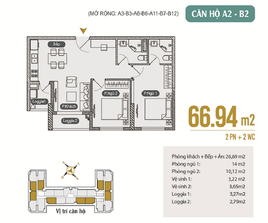 Căn 2PN A2 - B2 DT 66m2 chung cư Anland Premium